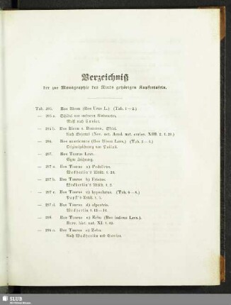 Verzeichniß der zur Monographie des Rinds gehörigen Kupfertafeln