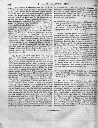 Oldenburg: Ankündigung einiger Abschiedsreden und des gewöhnlichen Examens durch Christ. Wilh. Ahlwardt, des Oldenburg. Gymnas. erstem Prof. u. Rector. Voran ein kleiner Nachtrag zu dem Programm von 1801. 8 S. 4. 1802.