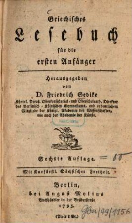 Griechisches Lesebuch für die ersten Anfänger