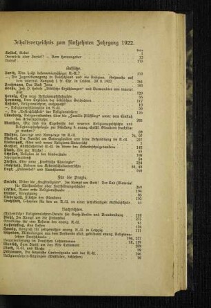 Inhaltsverzeichnis zum fünfzehnten Jahrgang 1922