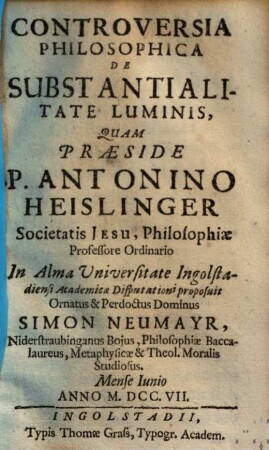 Controversia Philosophica De Substantialitate Luminis
