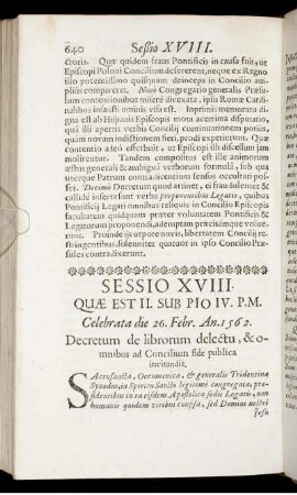 Sessio XVIII. Quæ Est II. Sub Pio IV. P. M. Celebrata die 26. Febr. An. 1562.