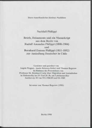 [0]: Inventar zum Nachlass Rudolf Amandus und Bernhard Eunom Philippi