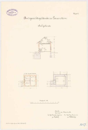 Amtsgericht, Lauenstein: Stall: Grundriss Fundamente und Erdgeschoss, Querschnitt 1:100