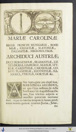 Mariae Carolinae Regiae Principi Hungariae … Archiduci Austriae …