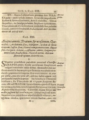 Cap. XIII. Anapus amnis. Pratum Syracusanum. Cyane fons. Archidemia fons, Olympium, opidum & Jovis templum ...