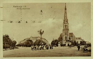 Postkartenalbum mit Motiven von Karlsruhe. "Karlsruhe in Baden. Bernharduskirche". Durlacher Tor-Platz und Bernharduskirche