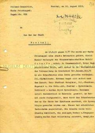 Maschinenschriftlicher Bericht der Polizei-Inspektion an den Rat der Stadt Freital über einen Anschlag auf eine Buchhandlung