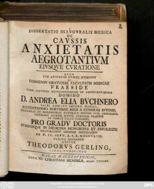 Dissertatio Inavgvralis Medica De Cavssis Anxietatis Aegrotantivm Eivsqve Cvratione