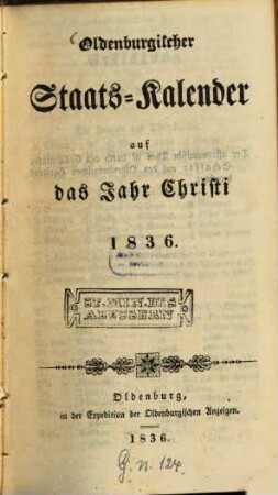 Oldenburgischer Staatskalender : auf d. Jahr Christi ... 1836