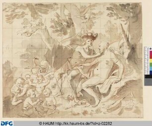 Merkur und Venus unter Bäumen sitzend mit Amoretten