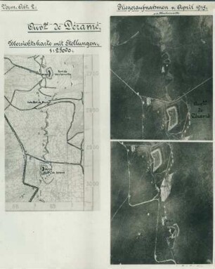 Foto des Geländes um die Befestigungsanlagen von Déramé südlich des Fort de Moulainville mit entsprechendem Kartenausschnitt (Luftbild)