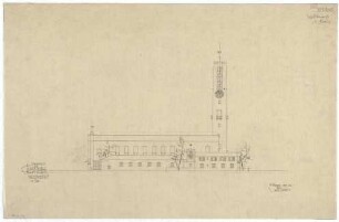 Gsaenger, Gustav; Erlangen - Süd (Bayern); Ev. Matthäus Kirche, Pfarrhaus und Gemeindesaal - Wettbewerb und Vorprojekt, Westseite (Ansicht)