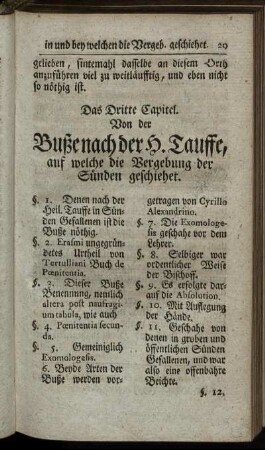 Das Dritte Capitel. Von der Buße nach der H. Tauffe, auf welche die Vergebung der Sünden geschiehet.