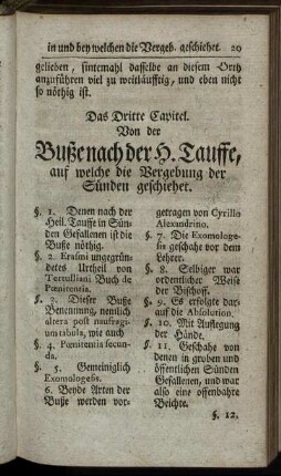Das Dritte Capitel. Von der Buße nach der H. Tauffe, auf welche die Vergebung der Sünden geschiehet.