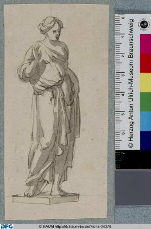 Stehende weibliche Figur mit erhobener rechter Hand (nach einer antiken Skulptur?)