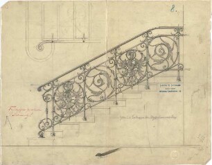 Littmann, Max; Archiv Littmann, Mappe 9, Gitter, Türen, Fenster (Schlosserarbeiten) - Gitter der Freitreppe für Stiegenhausveranda (Ansicht, Detail)