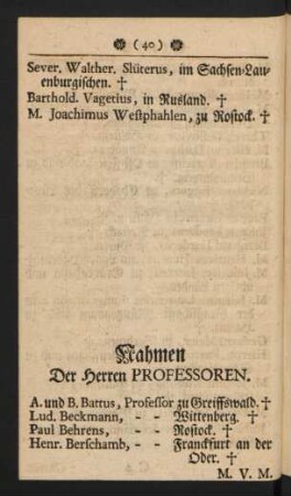Nahmen der Herren Professoren.