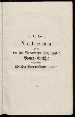 Lit. C. No. 7. Schema zu der von dem Marienburger Groß-Werder Vogtey-Gerichte einzusendenden jährlichen Vormundschafts-Tabelle