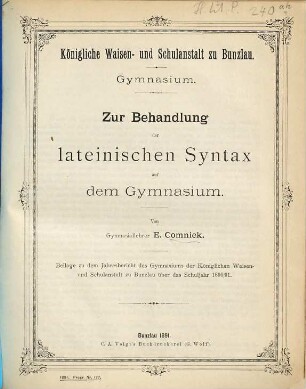 Jahresbericht : über das Schuljahr Ostern ... bis Ostern .... 1890/91 = Mikrofiche-Ausg.