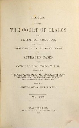 Cases decided in the United States Court of Claims. 25. 1889/90. - 1891