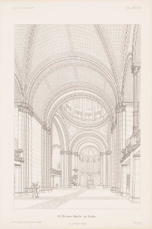 Thomaskirche, Berlin-Kreuzberg: Perspektivische Innenansicht (aus: Atlas zur Zeitschrift für Bauwesen, hrsg. v. G. Erbkam, Jg. 21, 1871)