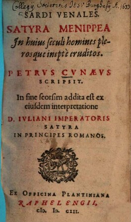 Sardi Venales : Satyra Menippea In huius seculi homines plerosque inepte eruditos