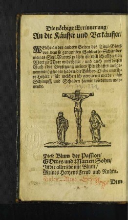 Die nöthige Errinnerung/ An die Käuffer und Verkäuffer/