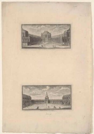 Zwei Ansichten aus dem Zwinger in Dresden: der Wallpavillon (oben) und das Kronentor (unten) aus dem Zwingerhof mit den anschließenden Galerien, Vignetten für Eilenburgs Entwurf der königlichen Naturalienkammer