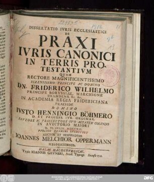 Dissertatio Ivris Ecclesiastici De Praxi Ivris Canonici In Terris Protestantivm