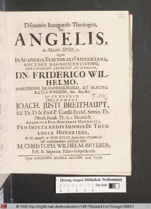 Disputatio Inauguralis Theologica, De Angelis, in Matth. XVIII,10.