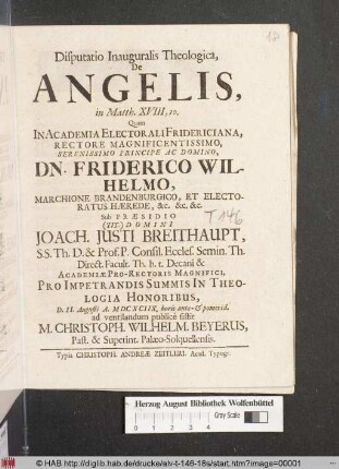 Disputatio Inauguralis Theologica, De Angelis, in Matth. XVIII,10.