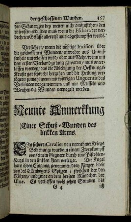 Neunte Anmerkkung Einer Schuß-Wunden des linkken Arms. - Zehende Anmerkkung Eines von einer Stükk-Kugel abgeschossenen Beins.