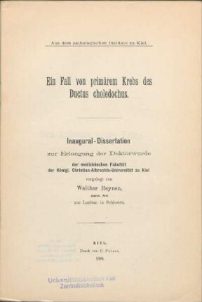 Ein Fall von primärem Krebs des Ductus choledochus