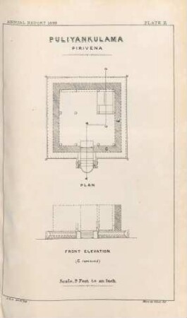 Plate E. Puliyankulama. Pirivena. Plan. Front elevation