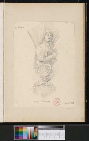 Büste des Freiherren Ludwig von Lichtenberg auf einer Wappenkonsole und einer Rollwerkkartusche mit Namenstafel im nördlichen Arkadenumgang (Dreiviertelansicht)