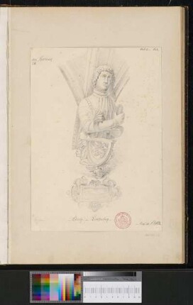 Büste des Freiherren Ludwig von Lichtenberg auf einer Wappenkonsole und einer Rollwerkkartusche mit Namenstafel im nördlichen Arkadenumgang (Dreiviertelansicht)