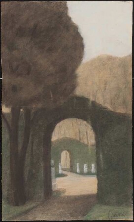 Osterholzer Friedhof, Bremen: Perspektivische Ansicht mit Blick durch einen Heckenbogen auf eine Wegekreuzung