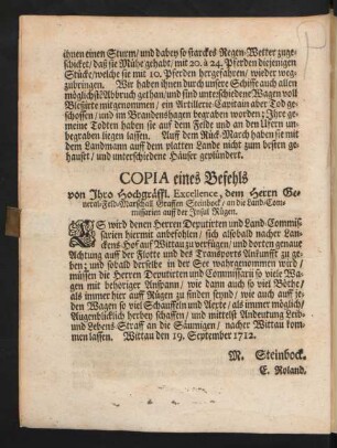 Copia eines Befehls von Ihro Hochgräffl. Excellence, dem Herrn General-Feld-Marschall Graffen Steinbock / an die Land-Commissarien auff der Insul Rügen.