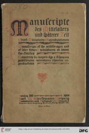 Nr. 330: Katalog: Manuscripte des Mittelalters und späterer Zeit : Einzel-Miniaturen, Reproduktionen