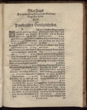 Blat-Zeiger Der vornemsten Sachen und Materien, Begriffen in der Kette Der Propetischen Gottsgelehrtheit