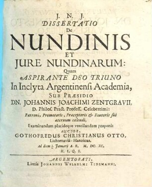 Dissertatio De Nundinis Et Iure Nundinarum