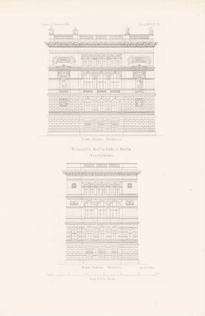Technische Hochschule Berlin: Ansichten Eckbauten Hauptgebäude (aus: Atlas zur Zeitschrift für Bauwesen, hrsg. v. L.v.Tiedemann, Jg. 36, 1886)