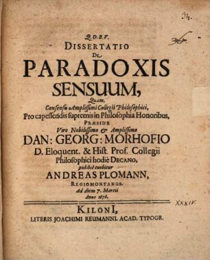 Dissertatio De Paradoxis Sensuum