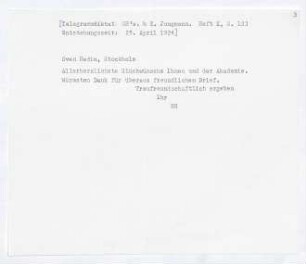 Brief von Gerhart Hauptmann an Sven Anders Hedin