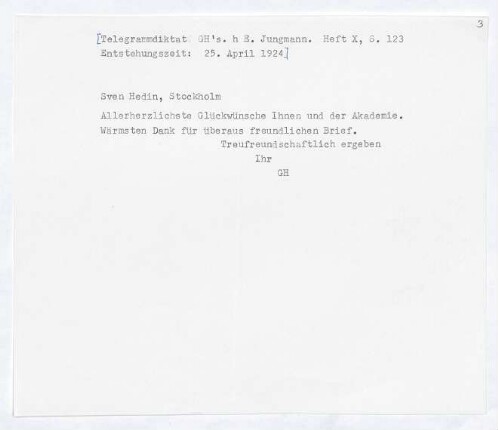 Brief von Gerhart Hauptmann an Sven Anders Hedin
