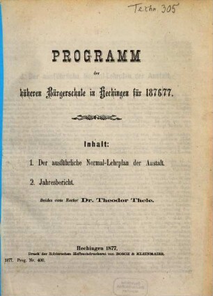 Programm der Höheren Bürgerschule in Hechingen : für das Schuljahr ..., 1876/77