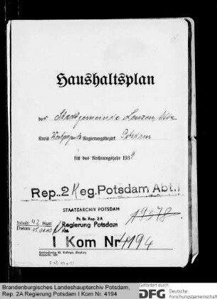 Haushaltsplan der Stadt Lenzen für das Rechnungsjahr 1939