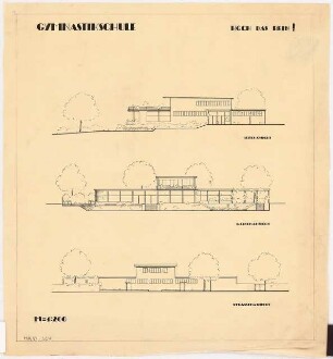 Gymnastikschule am See Monatskonkurrenz Dezember 1932: Aufriss Straßenansicht, Gartenansicht, Seitenansicht 1:200
