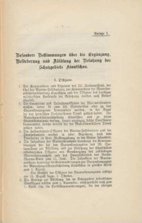Anlage 1. Besondere Bestimmungen über die Ergänzung, Beförderung und Ablösung der Besatzung des Schutzgebiets Kiautschou.
